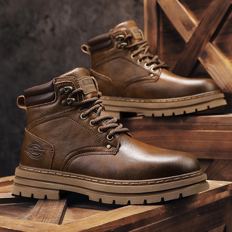 Fashion Autumn Winter Motorcycle Boots Handmade Vintage Mens Walking Shoes Casual Leather Ankle Boots Round Toe Lace-up Outdoor Footwear
