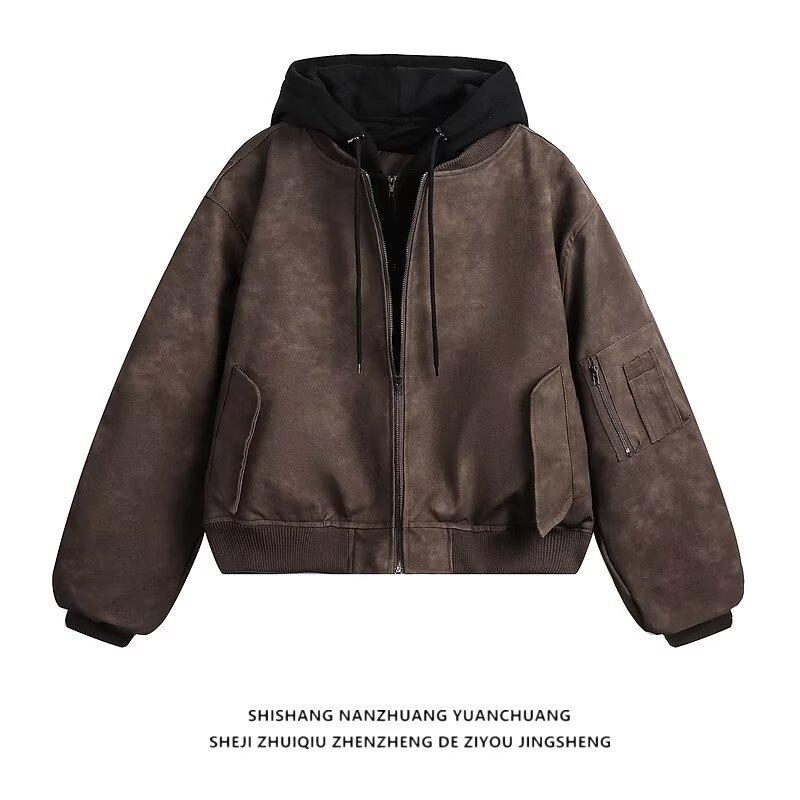 Maillard fake two-piece leather flight jacket men's American high street ruffian handsome locomotive suit hooded new coat