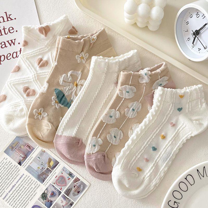 

Women s No-Show Socks - Trendy Japanese Style with Small Flower Design 5 Pairs Xinjiang Cotton