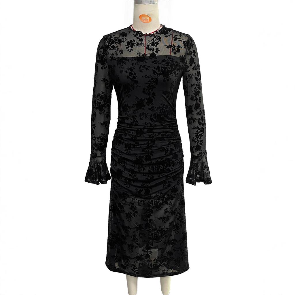 Women Floral Flocked Mesh Mermaid Midi Dress Long Bell Sleeve Mock Neck Ruched Bodycon Sheer Black Elegant Evening Cocktail Party Formal Dress