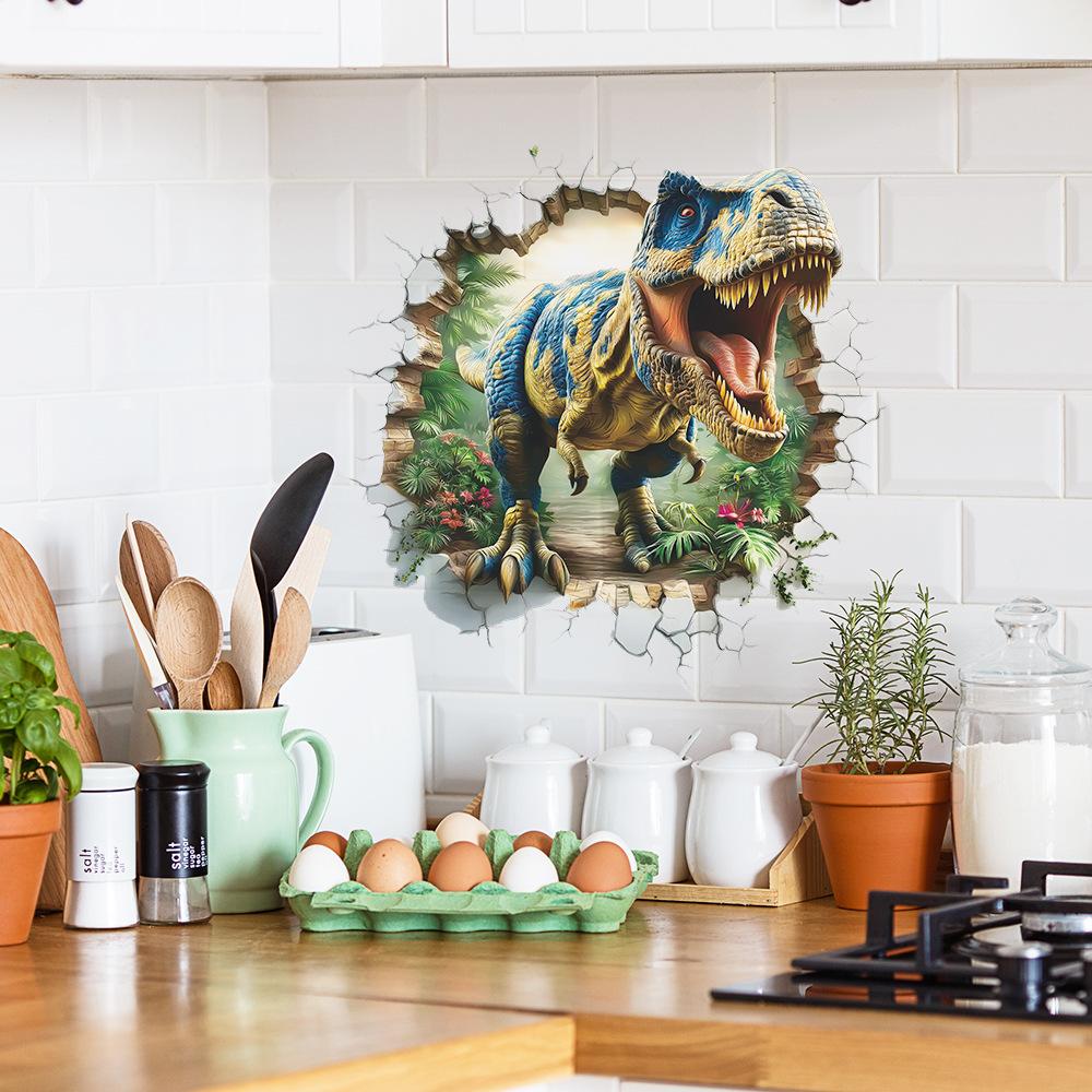 Cartoon Wanddurchbruch Wildes Dinosaurier Männchen Schlafzimmer Spielzimmer Dekorative Wandaufkleber