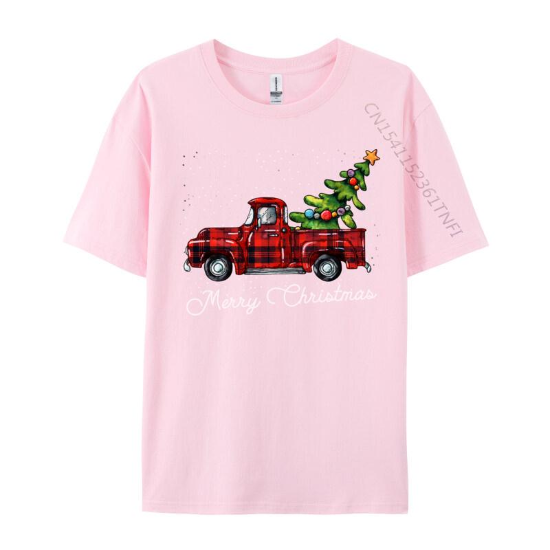 Crafty Merry Christmas Tree On Red Plaid Pickup T-Shirt Men Round-Neck Camisas Casual Tshirt Soft Cotton Fit Tee