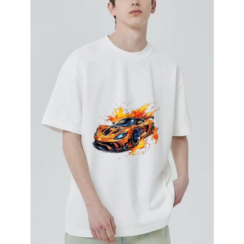 Black T Shirt with Flame Racing Car Print for Casual Wear