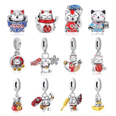 925 Sterling Silver Maneki Neko Charm Bead Pave Zirconia Bracelet Necklace Women's Jewelry