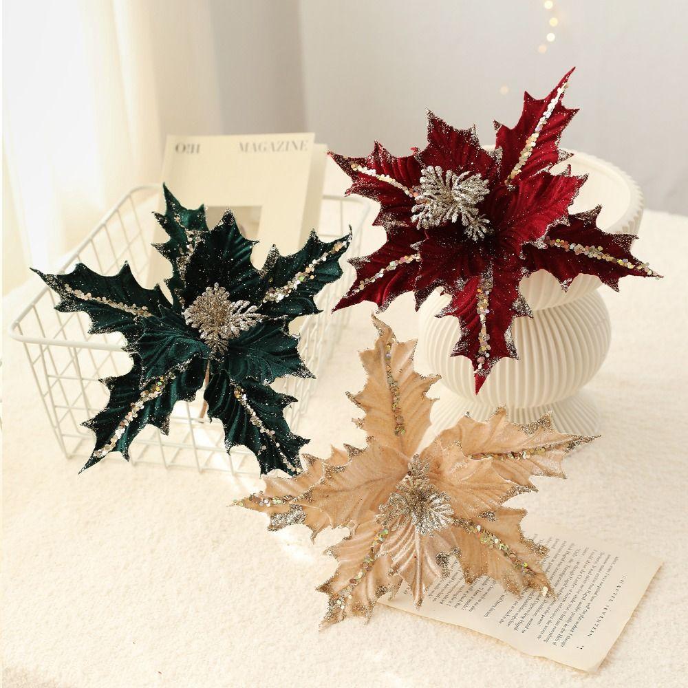 New Glitter Christmas Artificial Flowers Sequin Flannel Fake Flower 15cm Glitter Poinsettia New Year