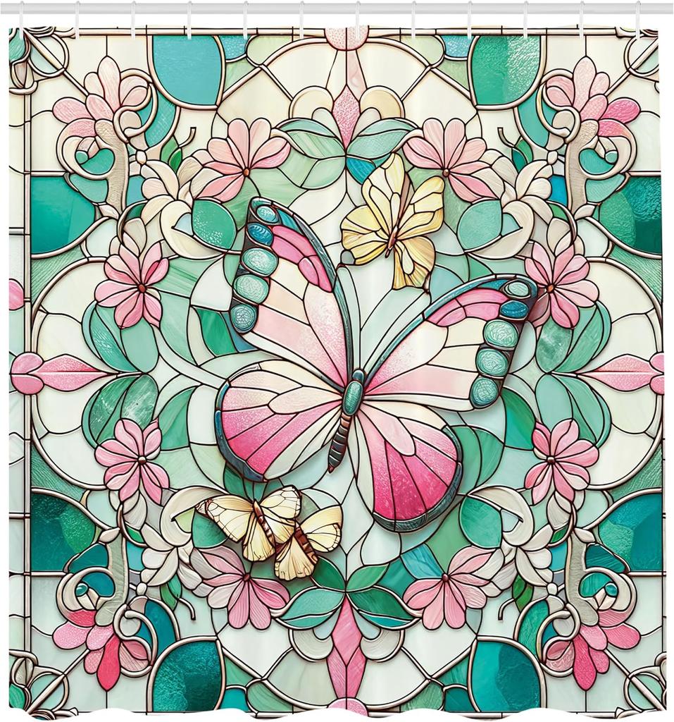Vintage Shower Curtain, Mosaic Stained Glass Inspired Illustration Of Spring Flowers And Butterfly, Cloth Fabric Bathr