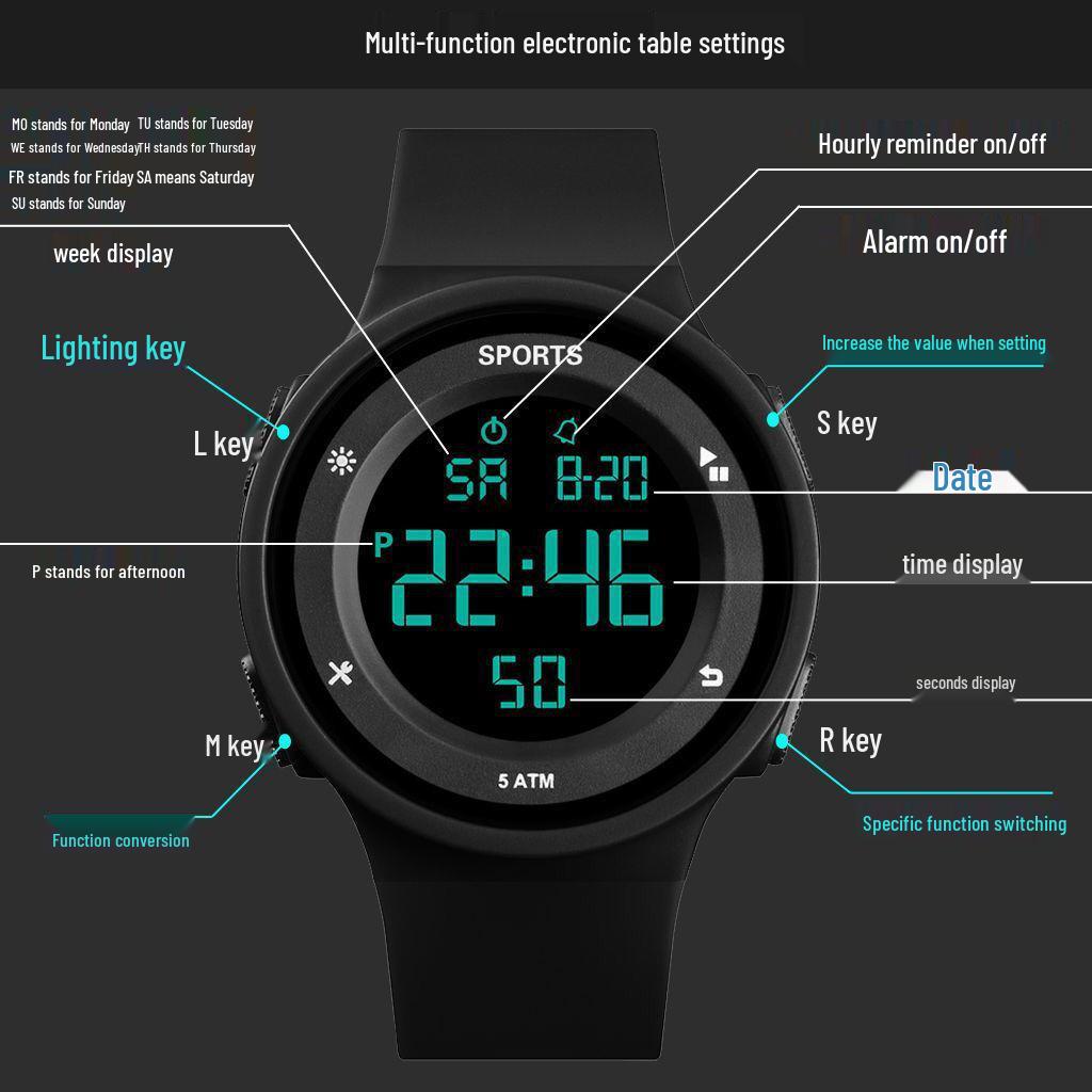 Round Waterproof Luminous Alarm Clock Multifunctional Student Watch - College Youth Edition.
