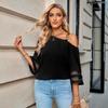 2025 Women Solid Color Metal Buckle One Shoulder Blouse Casual Flare Half Sleeve Commuter Top