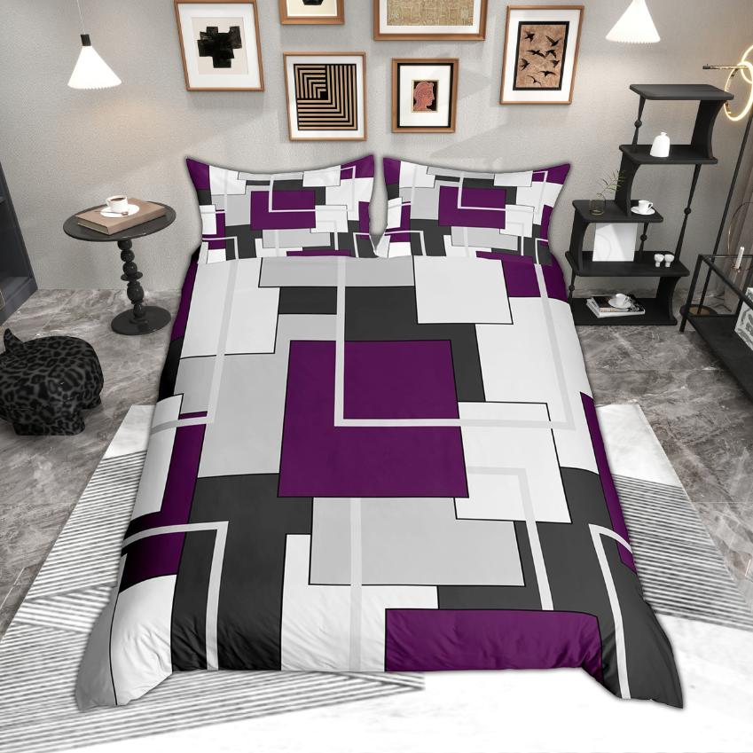Homewish Modern Geometric Duvet Cover Set, Aesthetic Square Plaid Bedding, Abstract Minimalist Quilt Cover Set