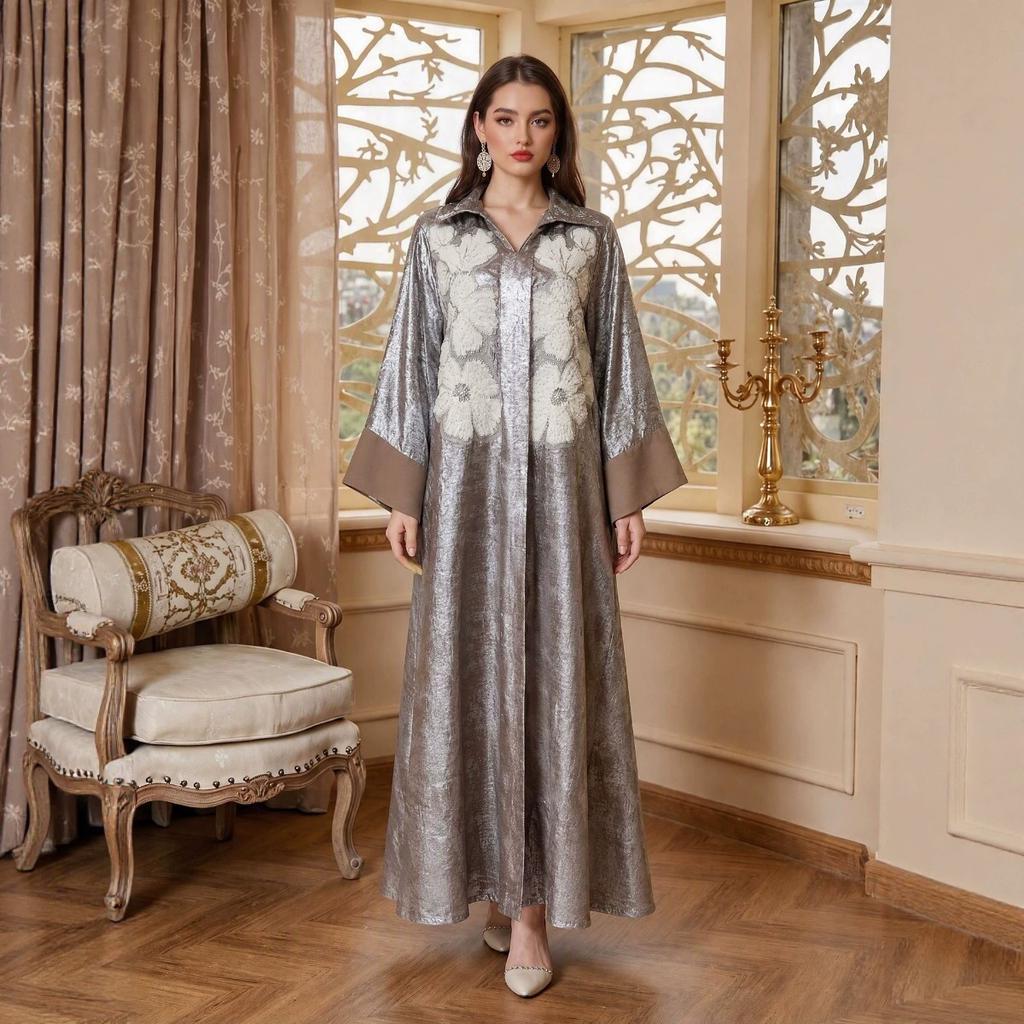 New In Stock Luxury 3D Embroidered Women's Long Abaya, Breathable Shiny Big Hem Dress, Malaysia Muslim Clothing