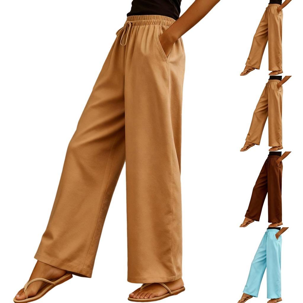 Women Elastic High Waist Pant Casual Fit Wide Leg Long Pants Trousers With Pockets