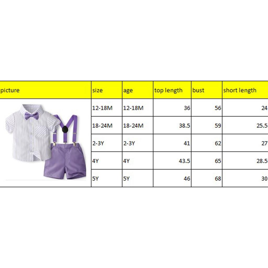 Boy Gentleman Outfit Vertical Stripe Print Short Sleeves Shirt with Bow Tie and Suspender Shorts Set for Formal Wear