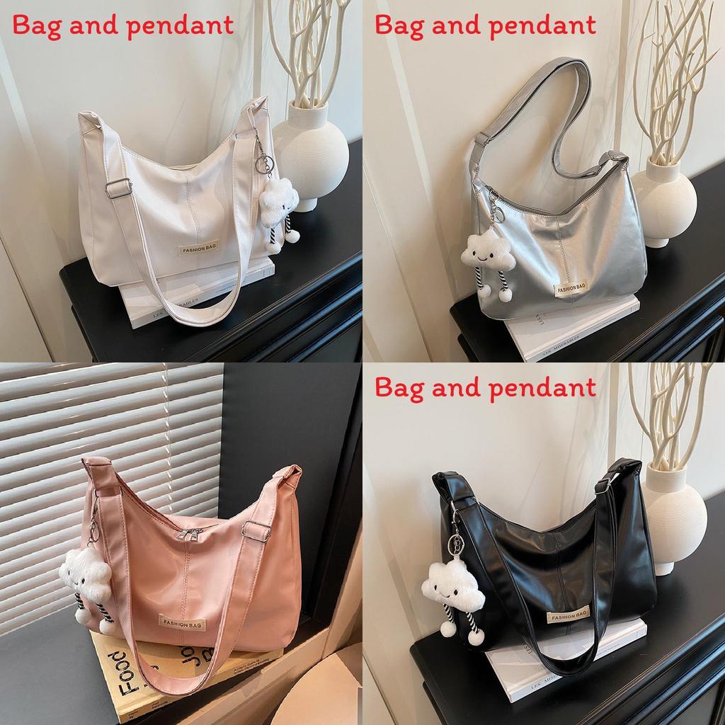 Simple Solid Color Letter Decoration Women Casual Shoulder Bag With Pendant For Casual Outings