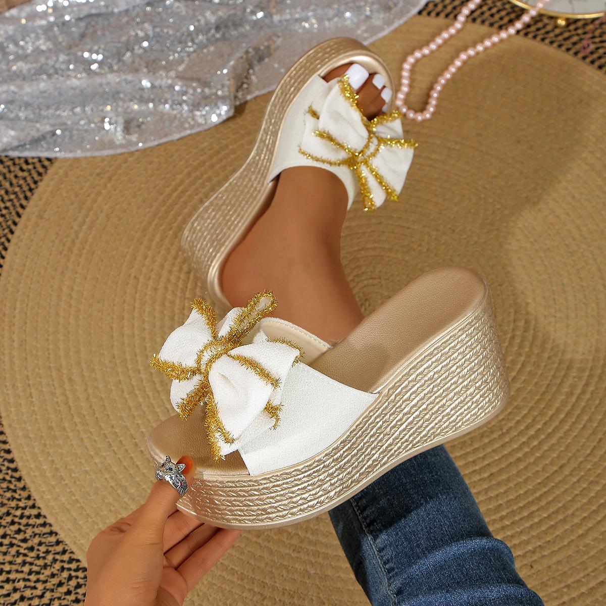 Женские клиновидные шлепанцы Новая летняя мода Бант Дизайнерские шлепанцы Толстая подошва Нескользящие уличные сандалии Повседневные шлепанцы с открытым носком Женские 35 бежевый 2989₽