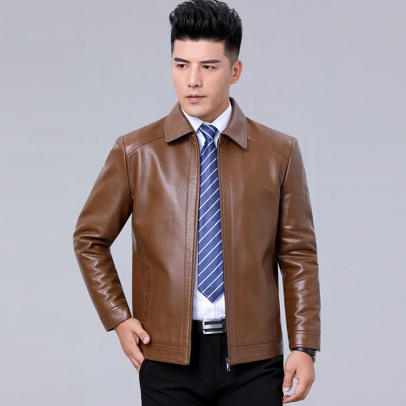 Mens Faux Leather Jacket Stand Collar Zip-Up Warm Thick Winter Business Casual Outerwear