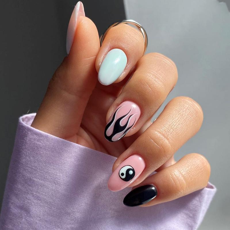 24Pcs Long Stiletto Press On Nails Cow Print And Black Snake French Tip Full Cover False Nails