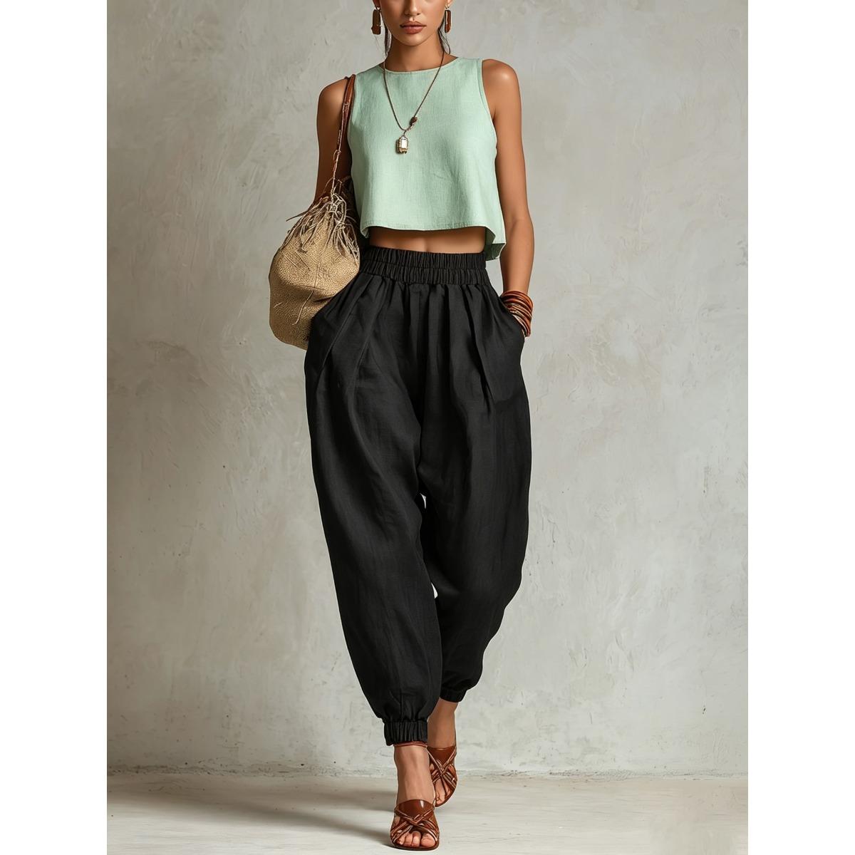 Women s High Elastic Waist Solid Linen Textured Loose Fit Cuffed Harem Long Casual Pants S