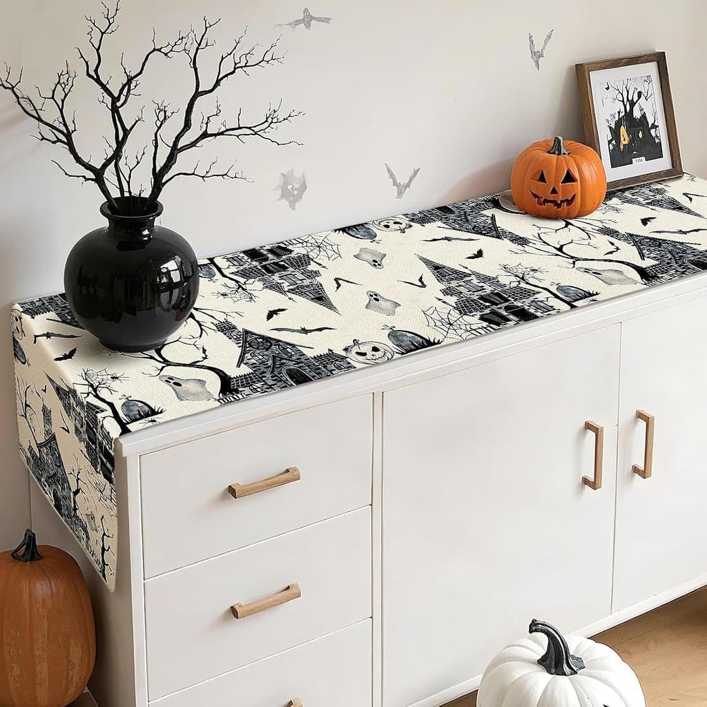 Artscope Black White Spooky Haunted House Tree Ghost Halloween Table Runner, Halloween Holiday Kitchen Dining Table Decoration for Fall Home Decor