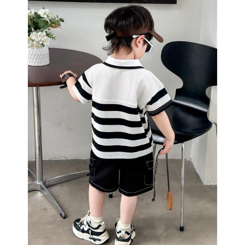 Turn Down Collars Boys Summer Outfits Striped Short Sleeve Cartoon T Shirt Pockets Shorts Fashion Golf Sport Clothes