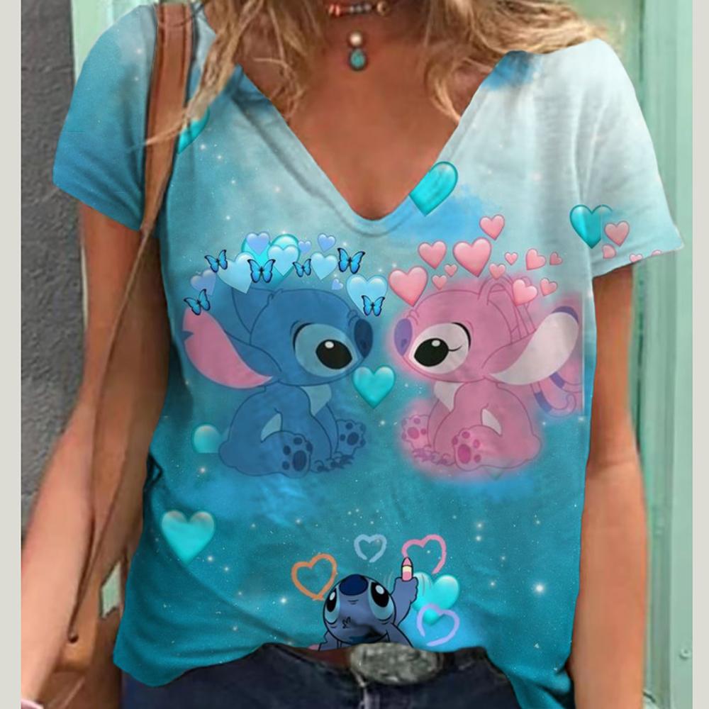 

Літня нова модна жіноча футболка Lilo&Stitch повсякденна коротка футболка Harajuku 3D друкована модна футболка V-подібним вирізом вулична вільна футболка великого розміру L