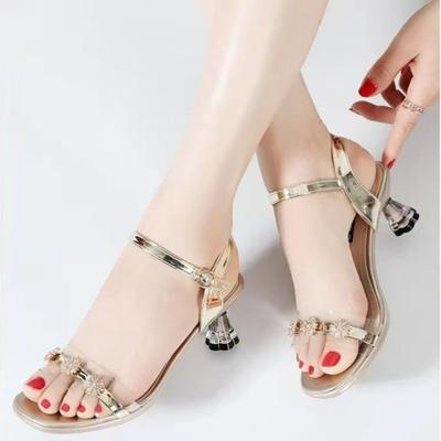 Transparent Crystal Mid-heeled Women Shoes 2026 Summer Sandals Female Fashion Flowers Buckle Dress Sandals 35 36 37 38 39 40