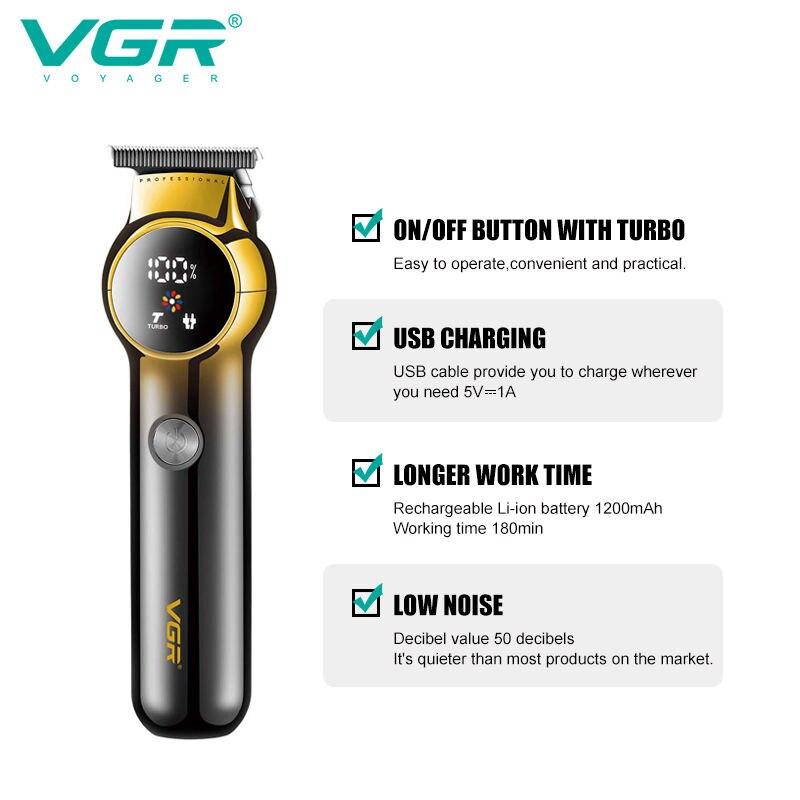 VGR V-989 Men's Hair Clipper Gradient Color Body Hair Trimmer USB Dual Use Pusher Powerful LED Intelligent Digital Display Pusher Home Hair Trimming