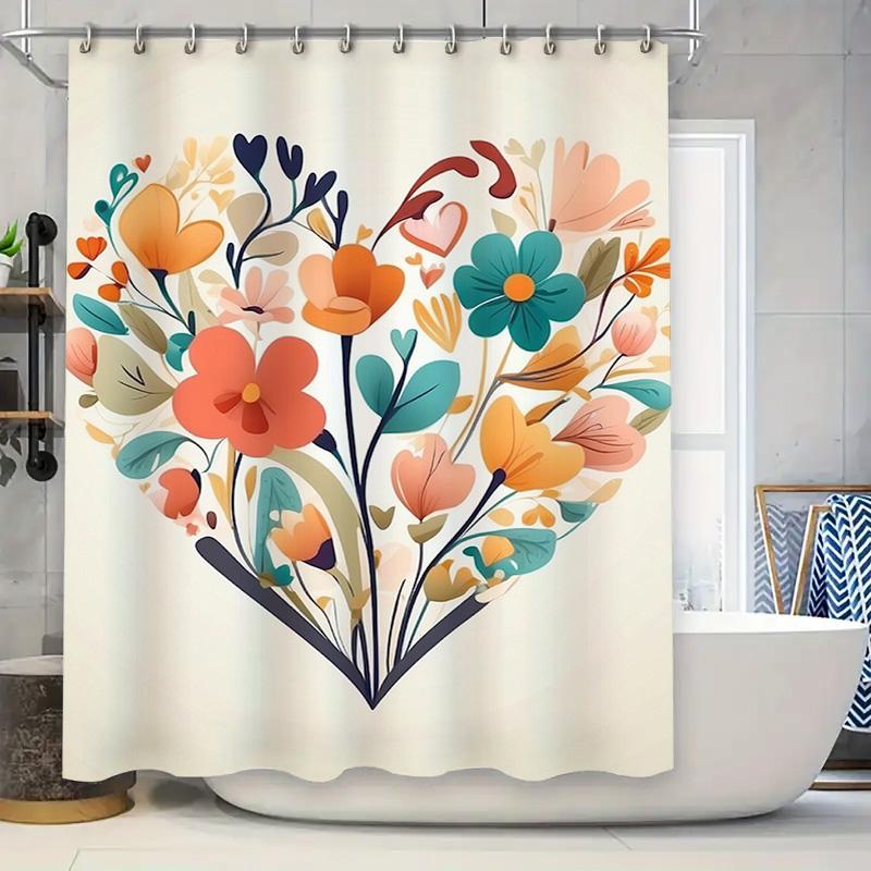 Colorful Heart-Shaped Floral Print Shower Curtain For Bathroom Decor
