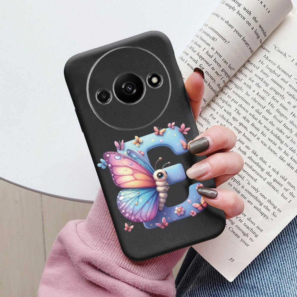 Handyhülle für Xiaomi Redmi A3 4G A3x Rosa Buchstabe Blume Schmetterling Stoßfest Weiches Silikon Cover Kameraschutz TPU Fundas