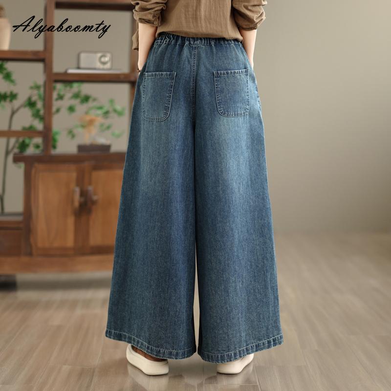 2026 Plus Size Spring Fall Women Straight Wide Leg Jeans Drawstring Floral Embroidery Denim Trousers Vintage Baggy Elegant Ladies' Jeans