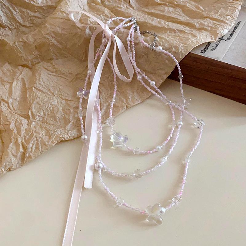 Bow Crystal Flower Pearl Rice Bead Necklace Accessories High-end Fashion Clavicle Chain Simple Necklace Women