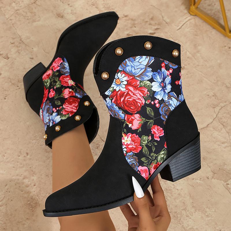 fashion Trendy Multi-Coloured Patchwork Print Women Ankle Boots Metal Rivet Decoration Pointed Toe Women's Boots Winter New Ladies Boots