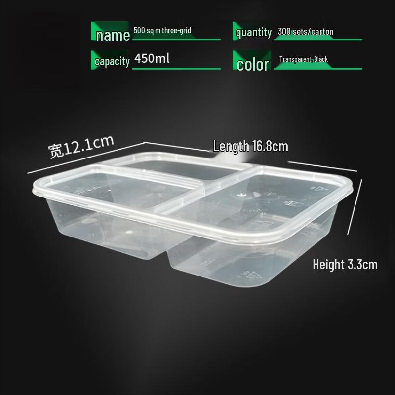 WS Disposable Plastic 3-Compartment Takeout Containers with Flat Lids