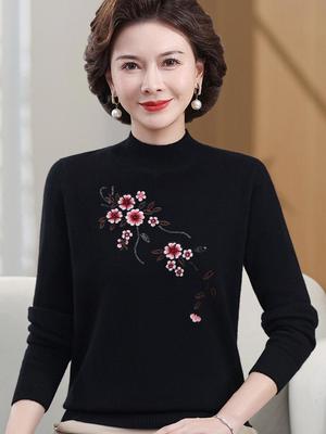 Women's 100% Pure Wool Half-High Neck Loose Sweater - Fashionable Autumn/Winter Cashmere Base Top for Middle-Aged Moms