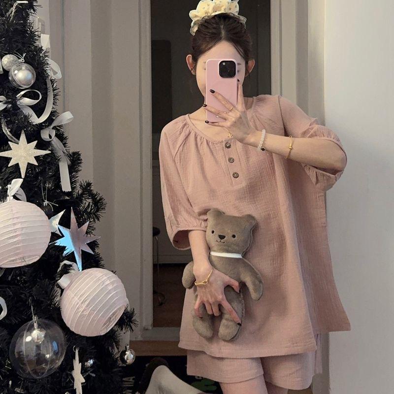 

Summer new cloud cotton pajamas women s short-sleeved shorts pullover loungewear solid color casual can be worn outside Korean version M