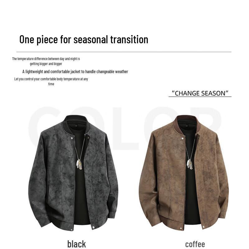 ROMON Men's Baseball Collar Faux Leather Jacket