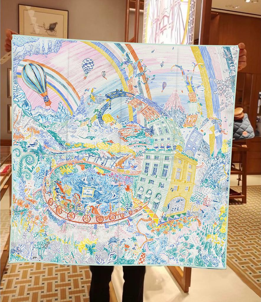 90CM Silk Scarf Women Foreast City Print Square Scarves Head Echarpes Silk Foulards Femme Wraps Beach Shawls Bandana Lady Hijabs