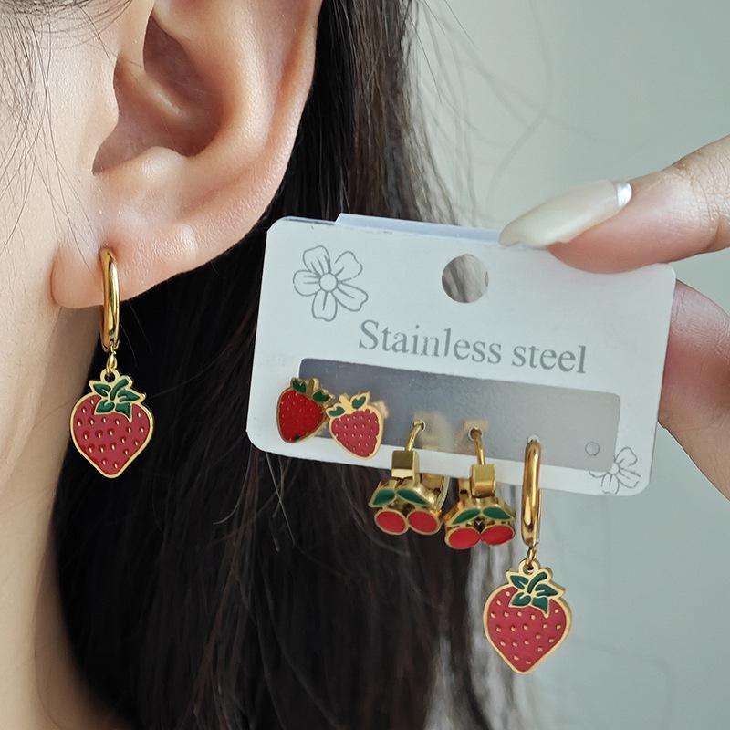 Strawberry Cherry Titanium Steel Earrings - Women's Sweet Versatile Jewelry