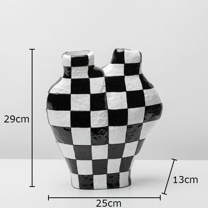 Black and White Check Texture Vase Desk Decoration Flower Arrangement Modern Crafts Irregular Shaped Vases Room Aesthetic Decor