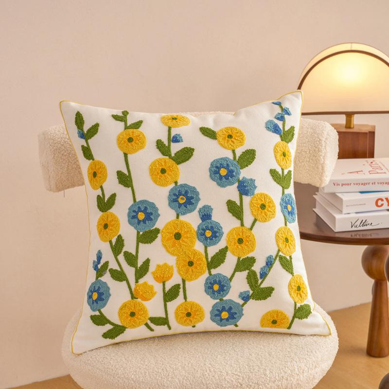 1pc Contemporary Floral Embroidery Throw Pillow Cover with Yellow Flowers & Green Leaves Zippered, Machine Washable for Living Room Decor