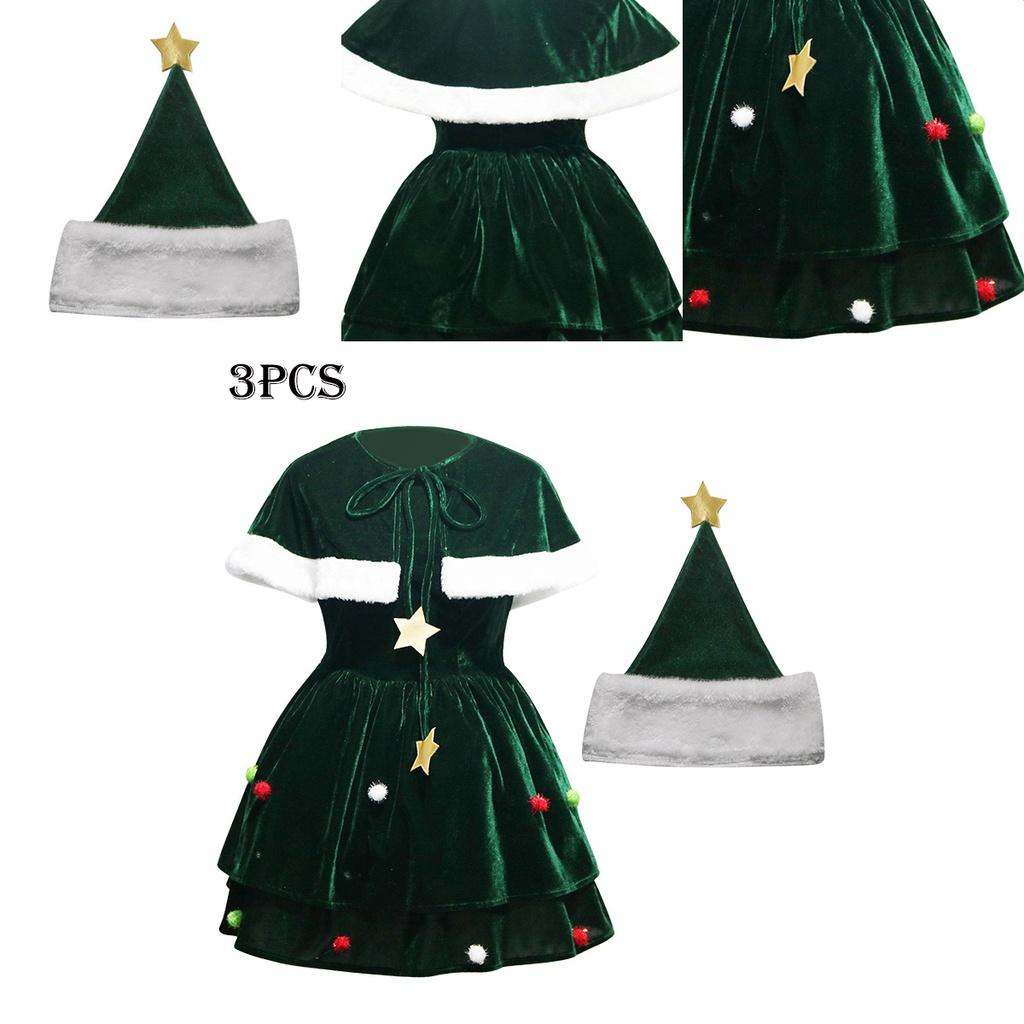 Gorgeous Women Christmas Tree Cosplay Costume Plus Size Xmas Dress Cloak Hat Party