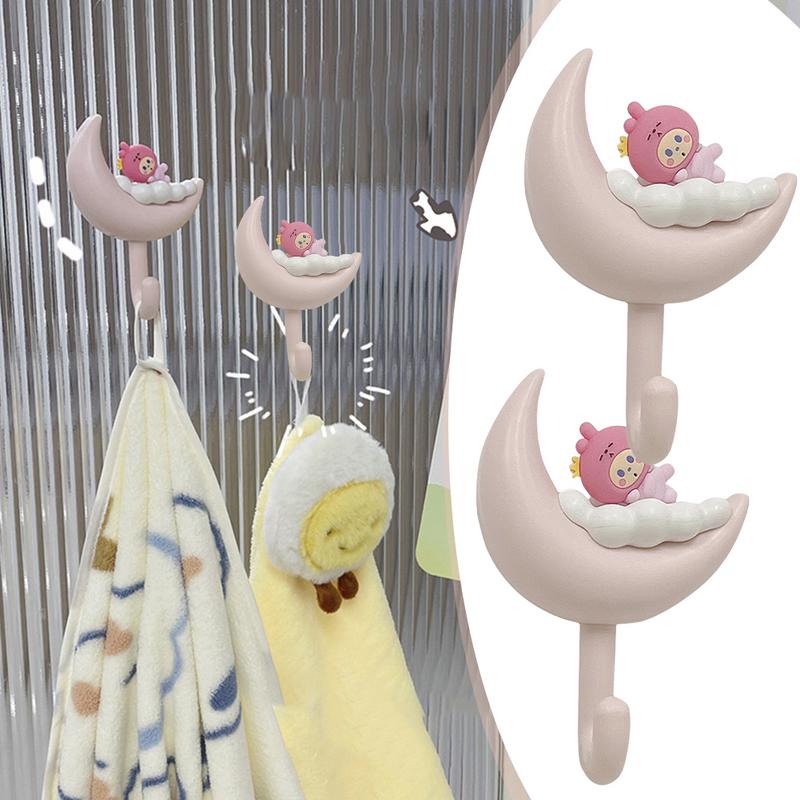 Cute Towel Hooks Cloud Aesthetic Key Hooks 2X Moon No Trace Adhesive Wall-Mounted Jewelry Organizer Cute For Keys Apartment