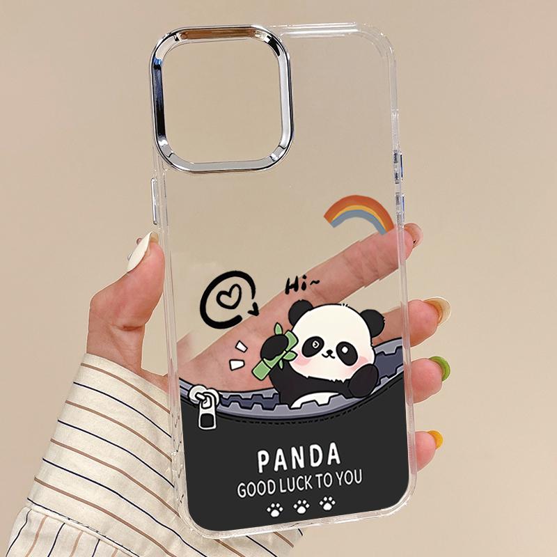 Cute Panda Print Case For iPhone 17 18 Pro Max 17E iPhone 16 15 14 13 Pro Max Plating Lens Frame Clear Soft Cover