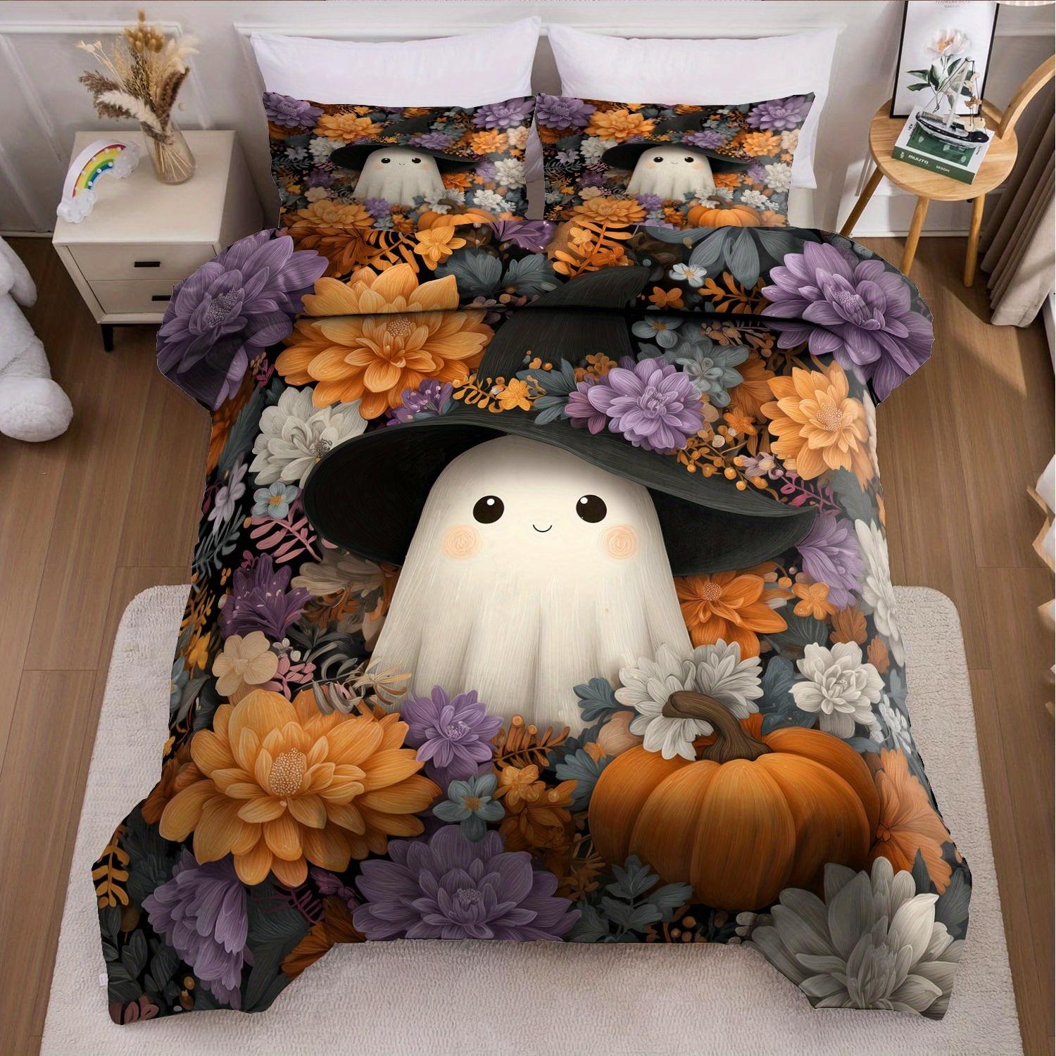 

3pcs Halloween Pumpkin Monster Duvet Cover Set without Core 1Quilt Cover 2 Pillowcases Soft Floral Duvet Cover Set for Bedroom US Twin(172x218cm)