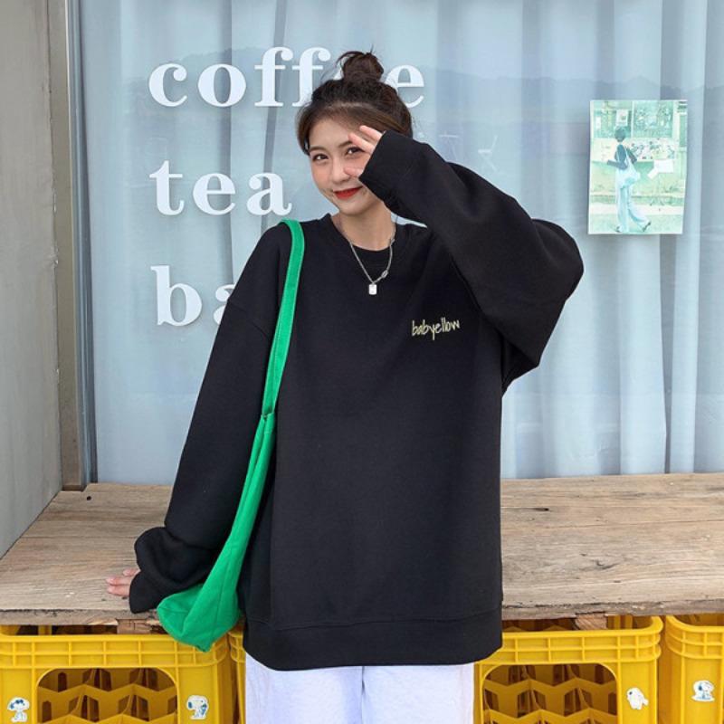 

Футболка с круглым вырезом, свитер без шапки, для девочек, весна-осень, новинка, для учениц средней школы и старшеклассниц, свободный, повседневный топ с длинным рукавом 2XL чёрный