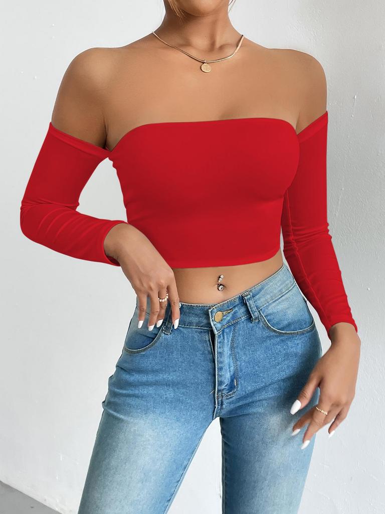 Solid Off-shoulder T Shirt Basic Long Sleeve Crop Top Women T-shirt Casual Tank Top Slim Female Crop Top Fashion Tee Shirt Y2k Streetwear