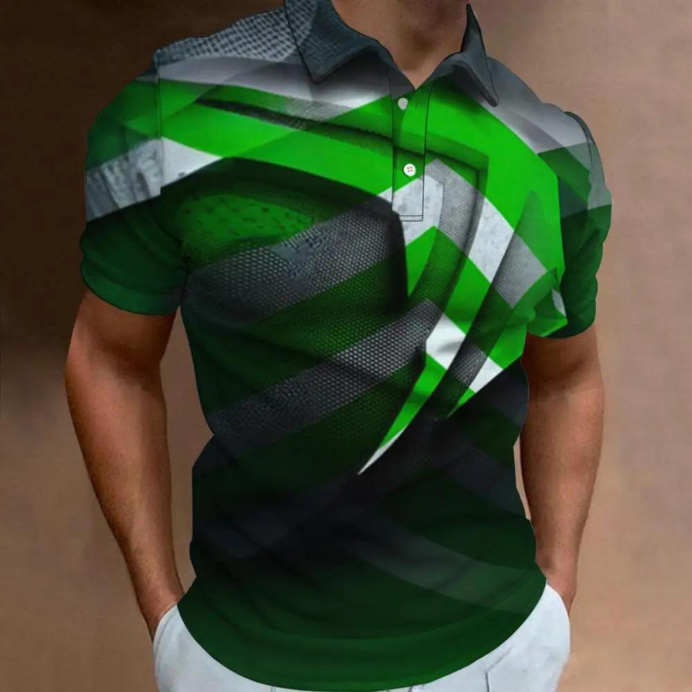 Modern geometric print short-sleeve polo shirt, casual and versatile for daily wear.
