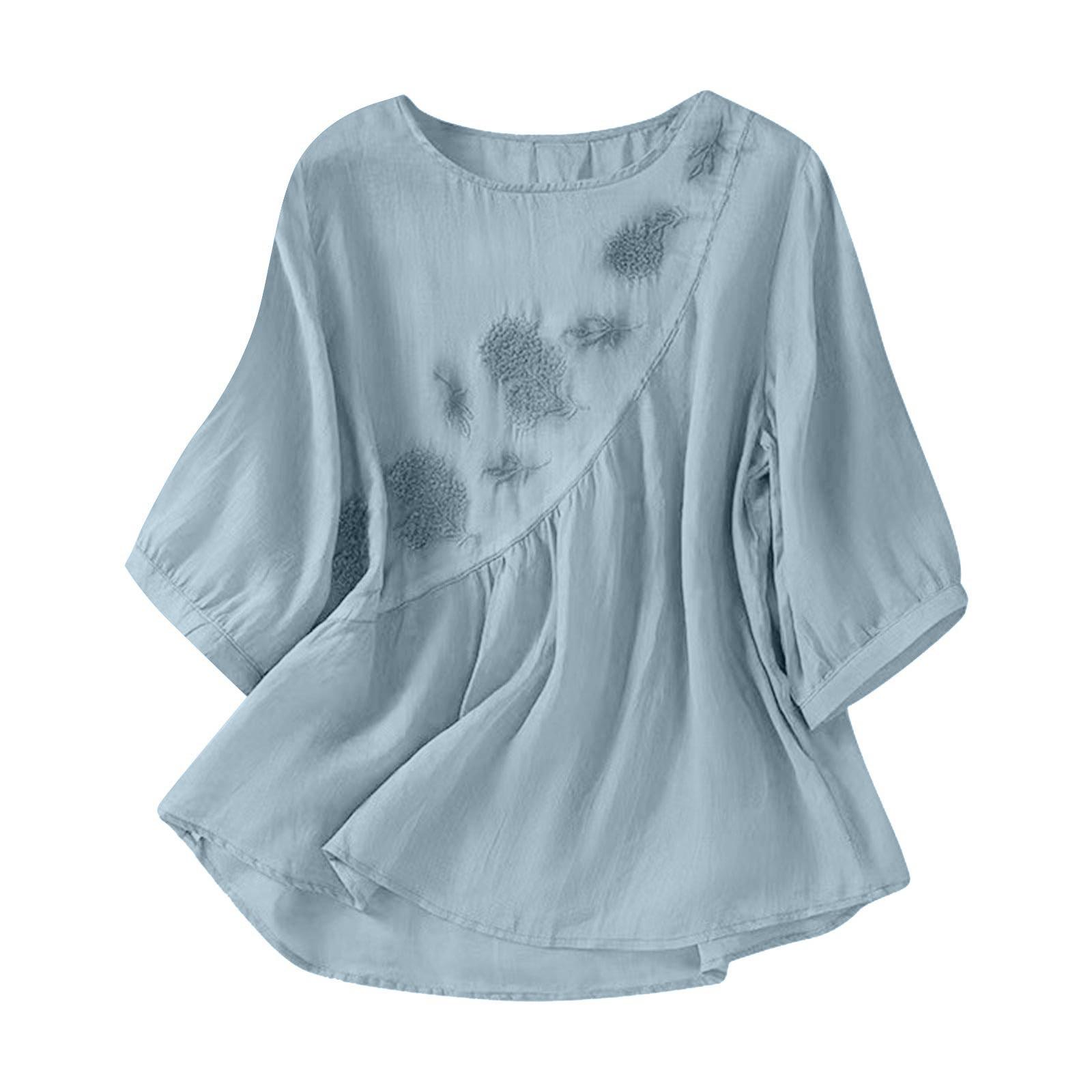 

Женская модная футболка однотонная вышитая из хлопка и льна, топ больших размеров XXL