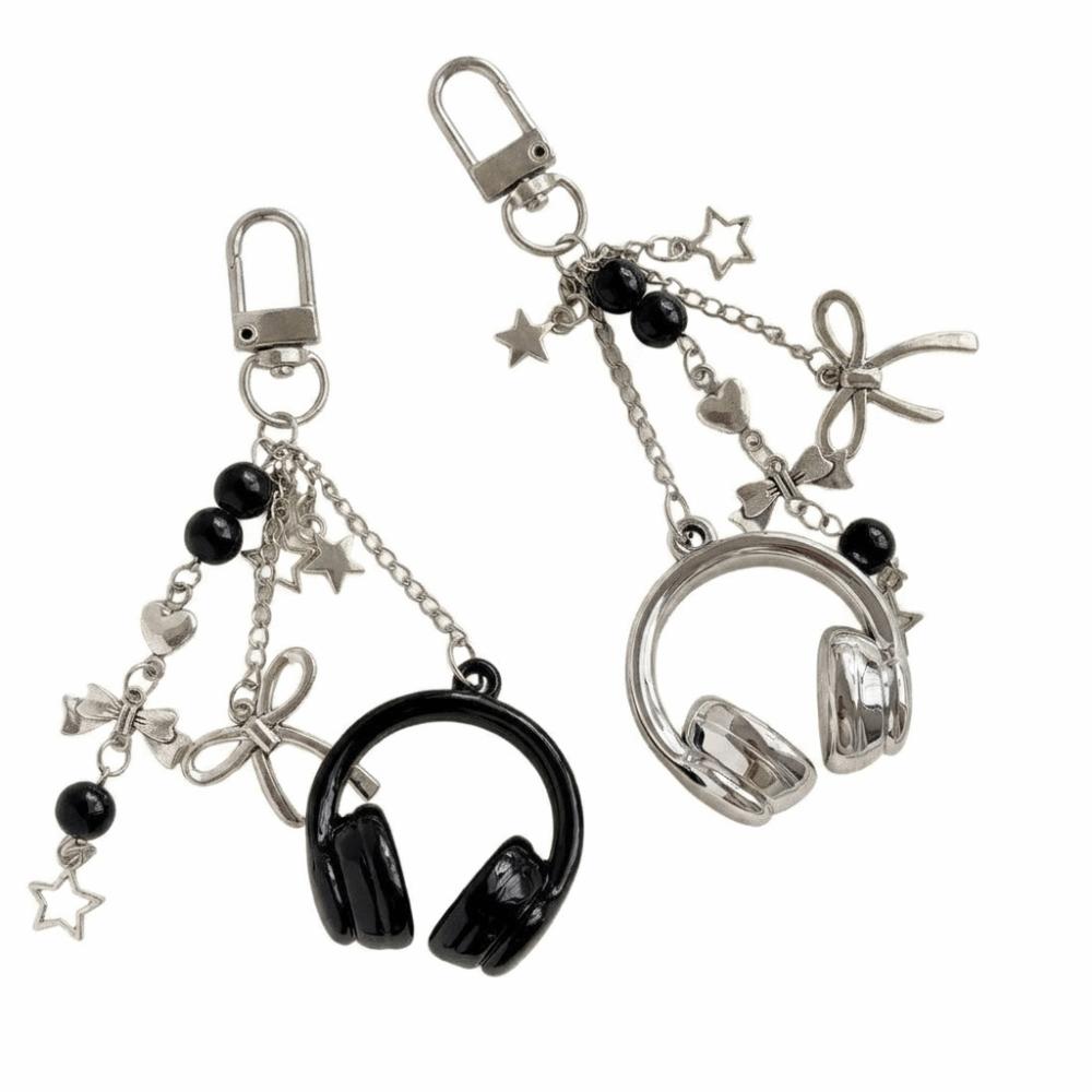 Black Silver Bow Star Bag Charms Beaded Pendants Creative Phone Lanyards  Girl