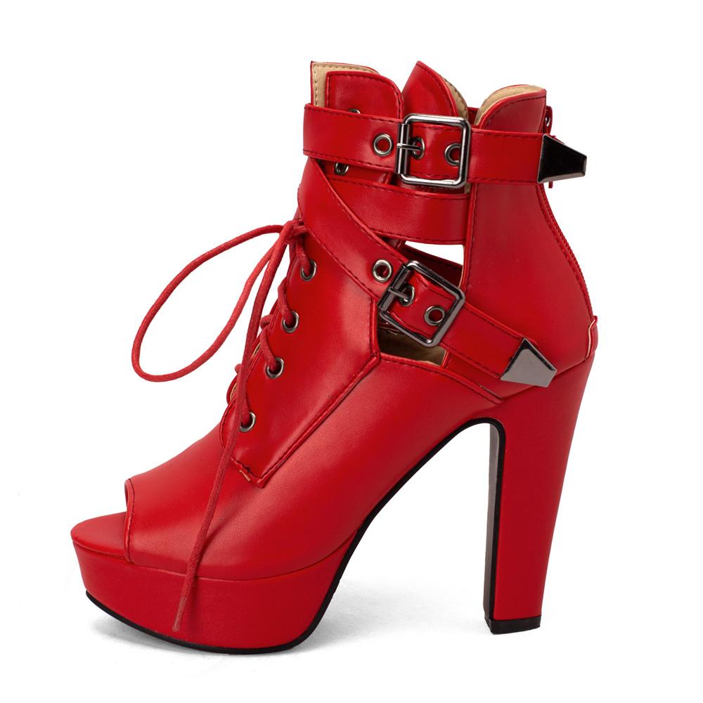 Fashion Women Ankle Boots Platform Lace-Up High Heels Short Boats Female Buckle Spring Summer Red Yellow White Peep Toe Sexy Shoes Black