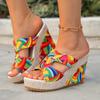 New Summer Colorful Print Wedge Fashion Platform Peep‑Toe High‑Heel Beach Casual Vacation Slide Slippers